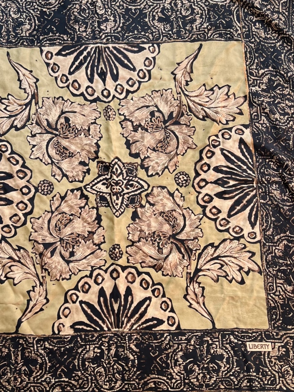 100% Silk Liberty of London Vintage Scarf - Brown, Black, Cream Florals